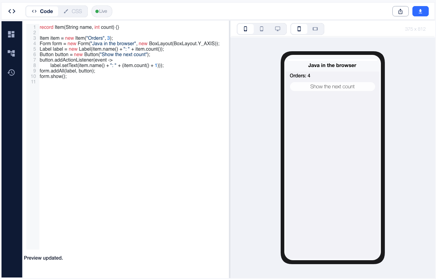 The article record example running in the browser Playground after the button updates Orders to four