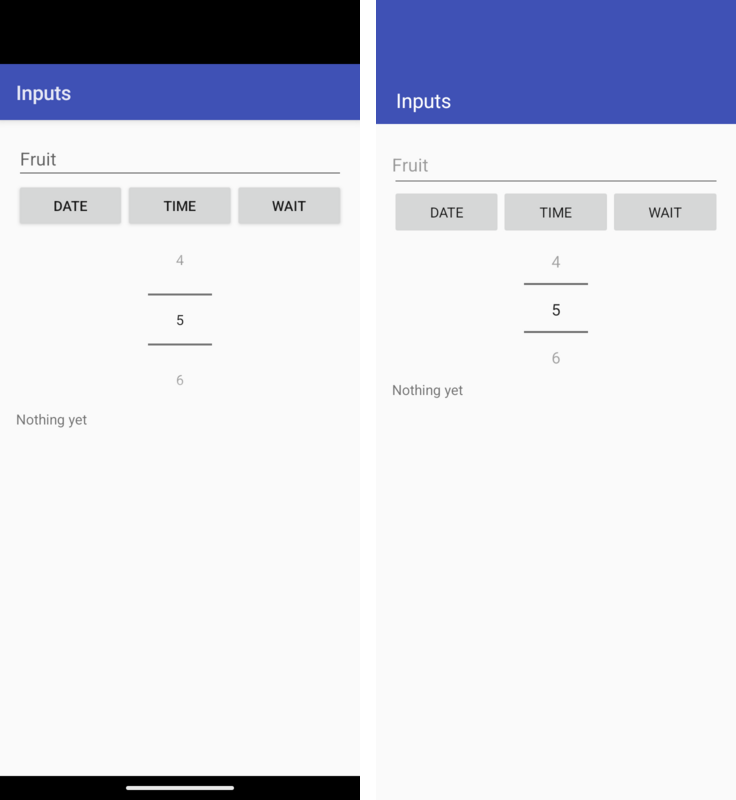 An autocomplete field, date and time buttons and a number picker, on Android (left) and on Codename One (right)