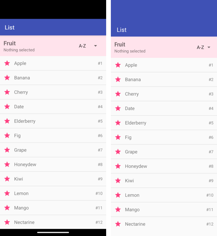 A ListView with a custom adapter under a Spinner, on Android (left) and on Codename One (right)