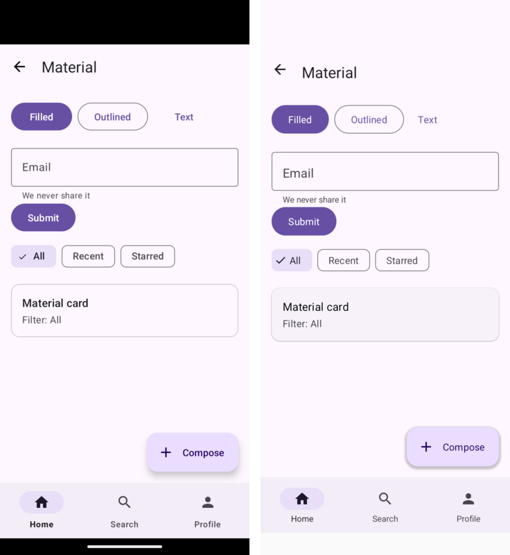 Material 3 buttons, a text input layout, chips, a card, an extended FAB and bottom navigation, on Android (left) and on Codename One (right)